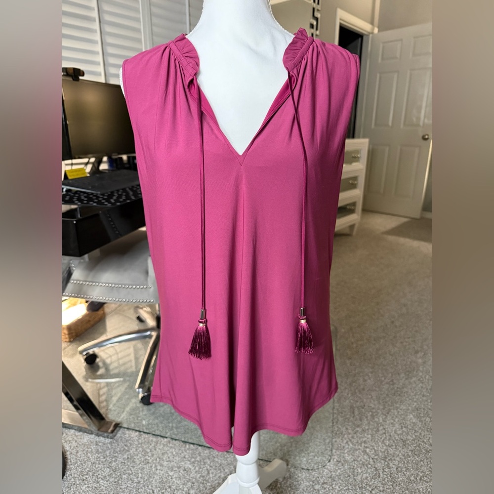 White House Black Market Magenta Tassel Tie Sleeveless Blouse
